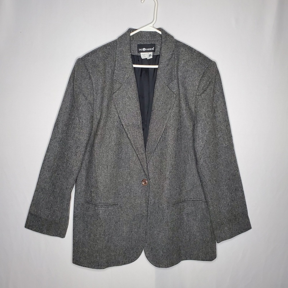 Sag Harbor Vintage Wool Blazer Jacket Women 18 One-Button Gray Old Money Classic